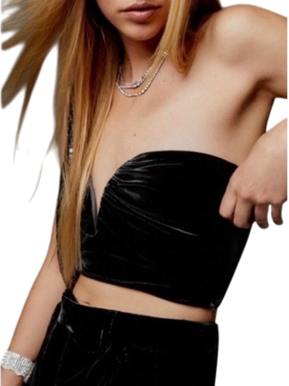 NWOT Zara Velvet Deep Plunge V-Neck Crop Bandeau Bustier XS Black Lined